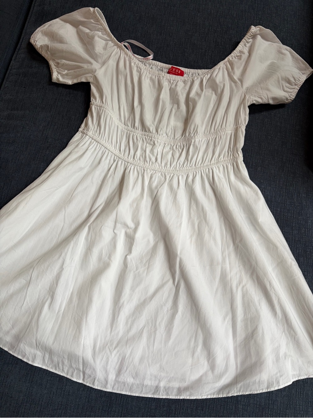 Guess White Puff Sleeve Smocked Waist Dress